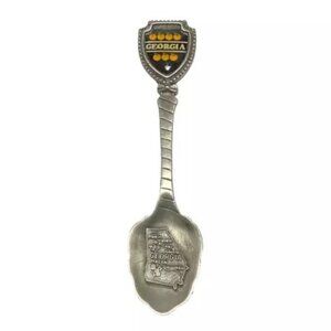 Georgia Souvenir Spoon 3.5” Enamel Peaches Shield Pewter Stamped US Vintage‎